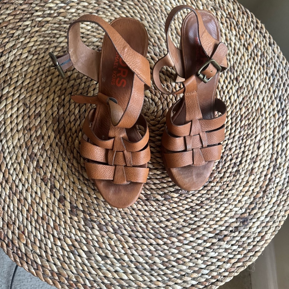 Michael Kors Tan Brown Leather Woven Slingback Sandals